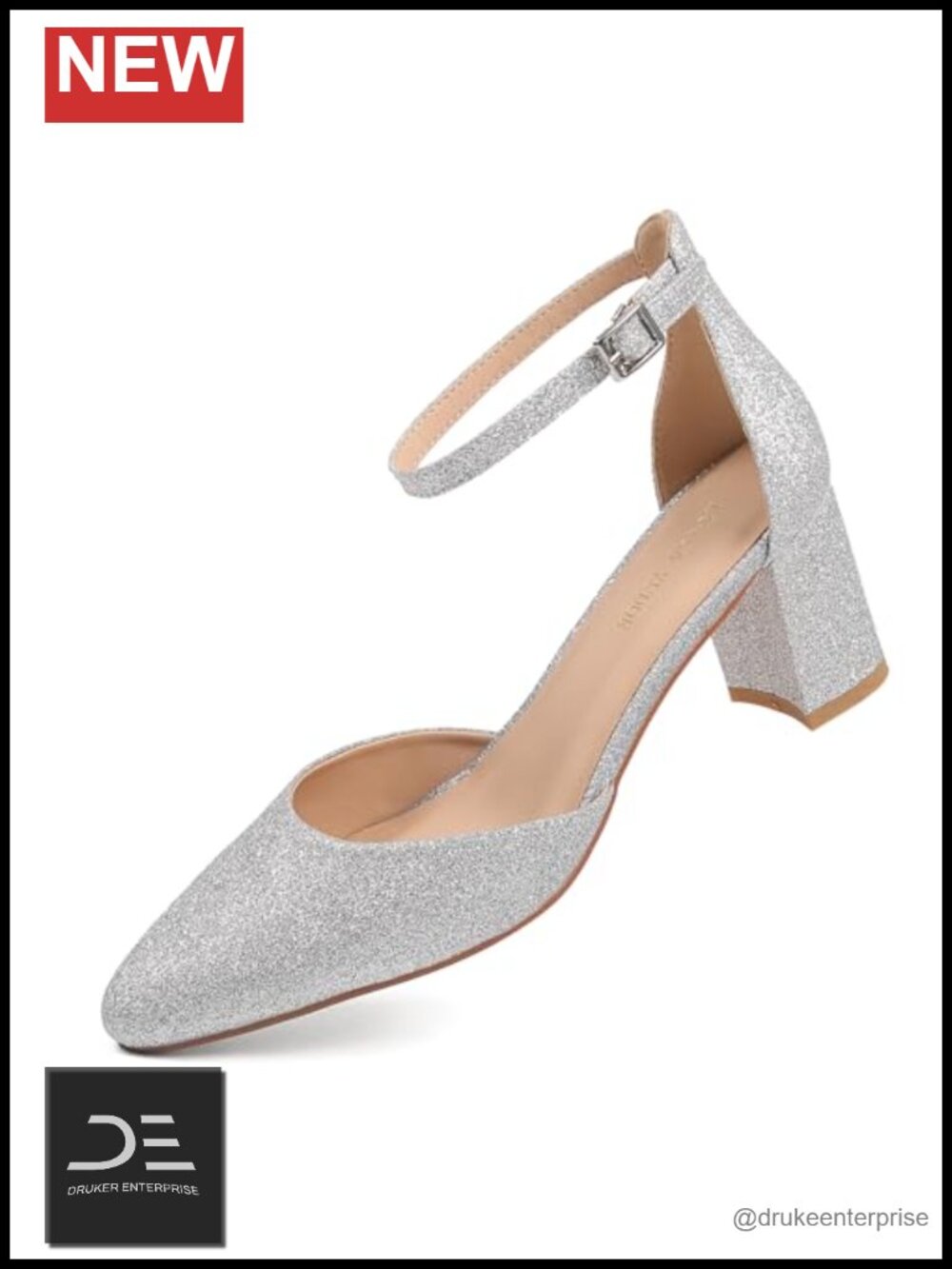 Women's Pointed Toe Chunky Heel Pumps with Ankle Strap Glitter Shoes for